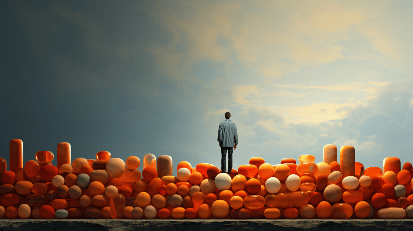 abstract image of a researcher studying a bottle of drug.