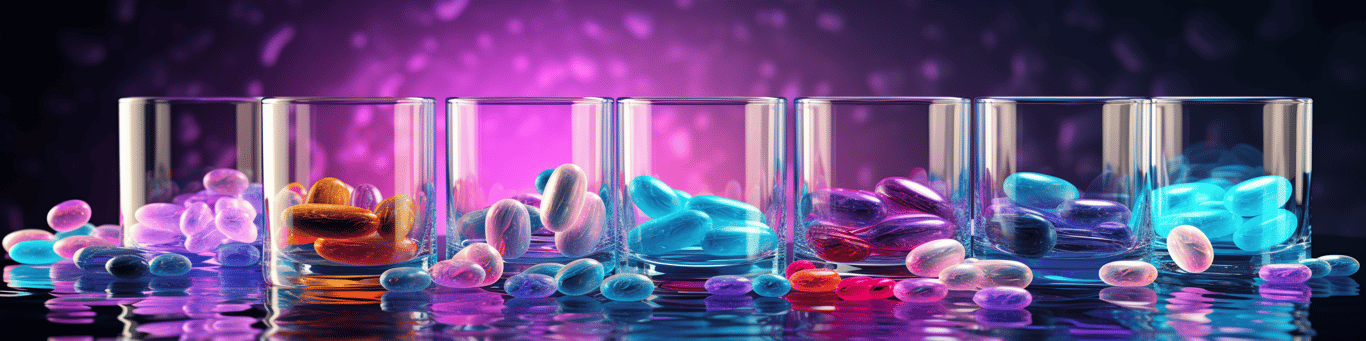 image of drug pills surrounding a glass of water symbolizing drug consumption