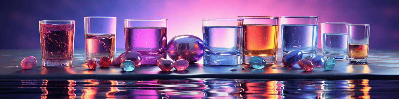 image of drug pills surrounding a glass of water symbolizing drug consumption
