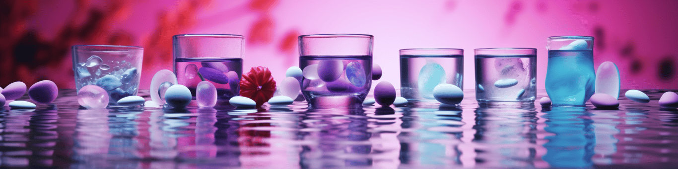 image of drug pills surrounding a glass of water symbolizing drug consumption