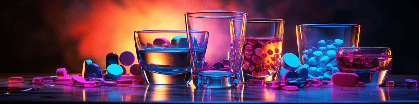 image of drug pills surrounding a glass of water symbolizing drug consumption