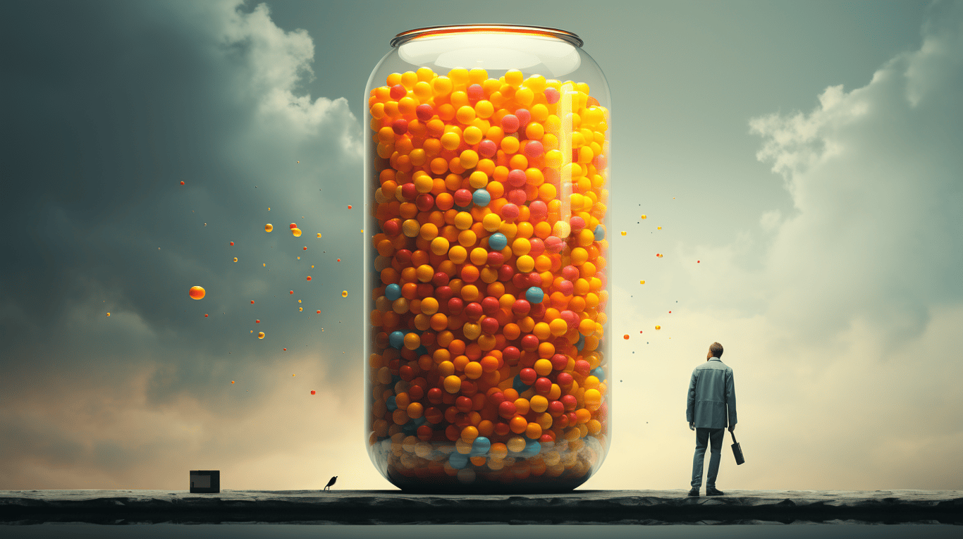 abstract image of a researcher studying a bottle of drug.