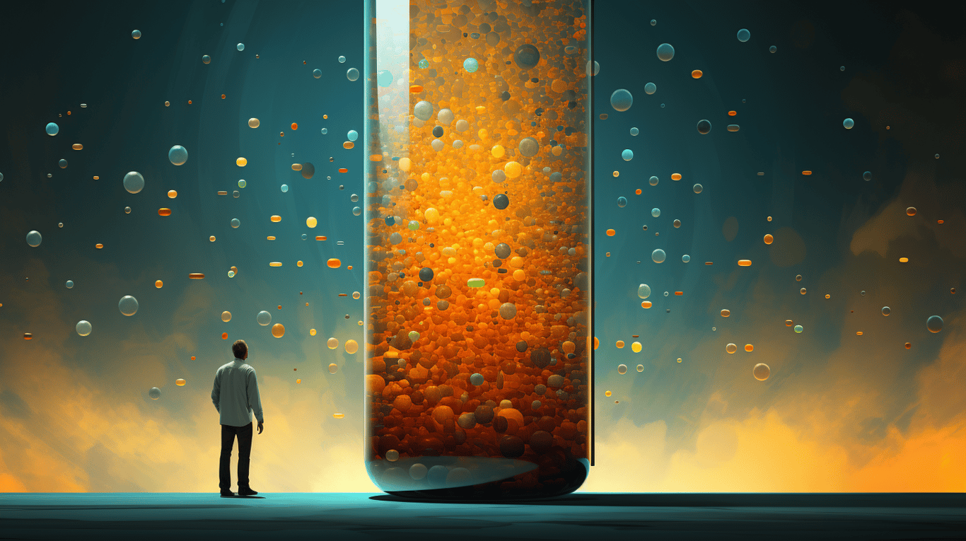 abstract image of a researcher studying a bottle of drug.