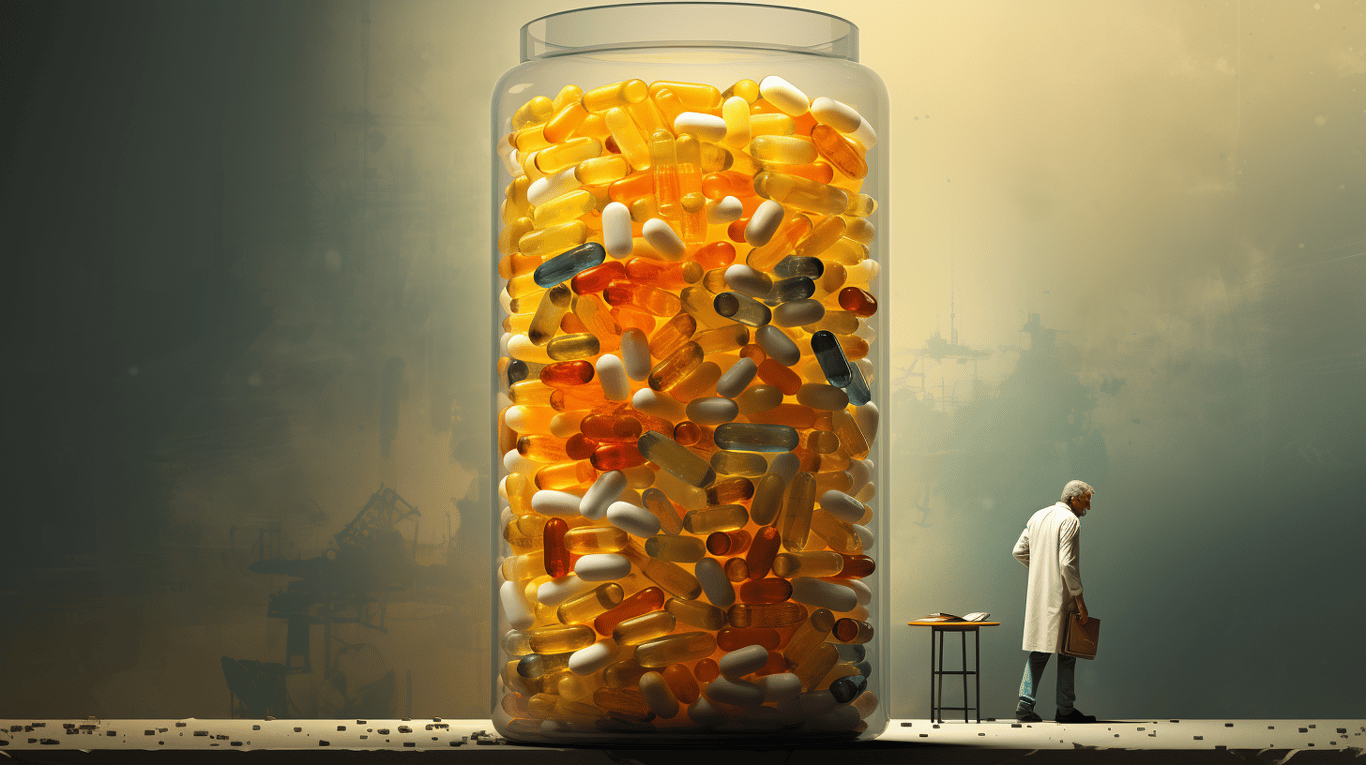 abstract image of a researcher studying a bottle of drug.