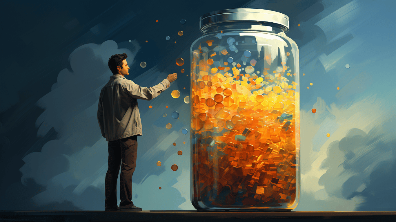 abstract image of a researcher studying a bottle of drug.