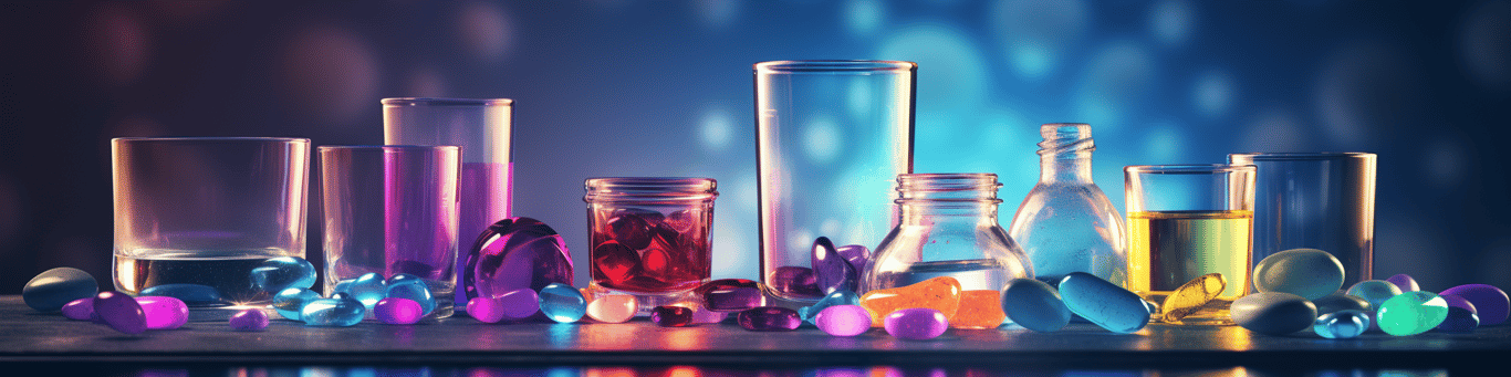 image of drug pills surrounding a glass of water symbolizing drug consumption