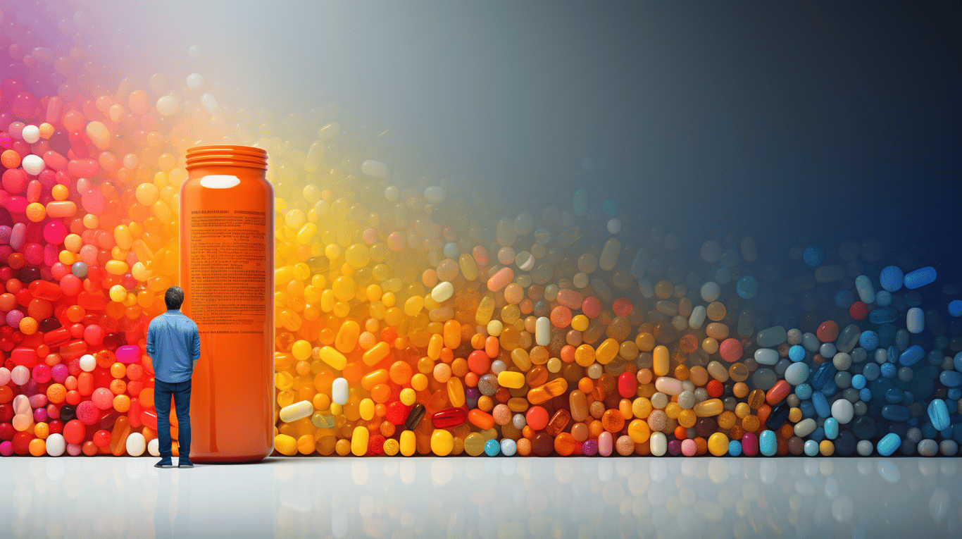 abstract image of a researcher studying a bottle of drug.