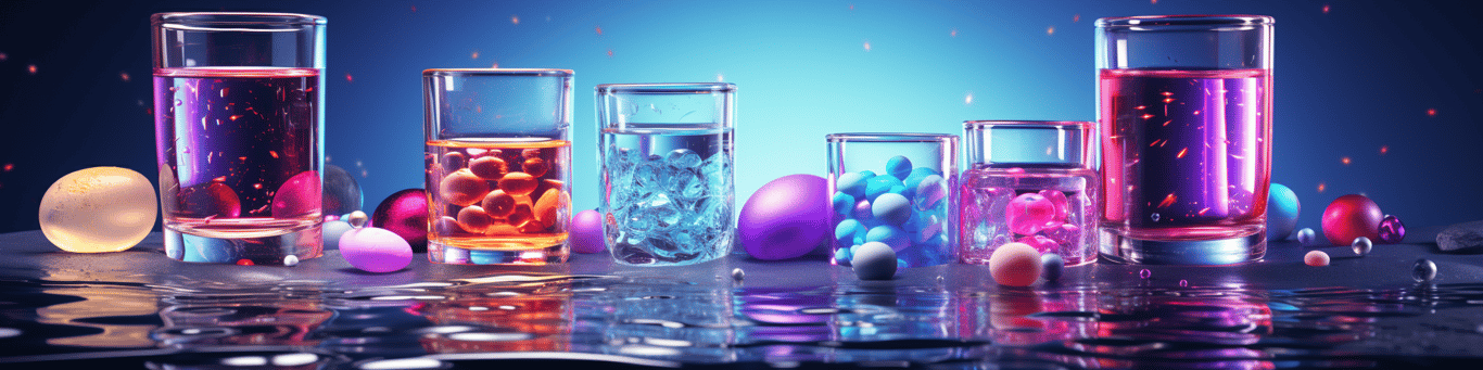 image of drug pills surrounding a glass of water symbolizing drug consumption