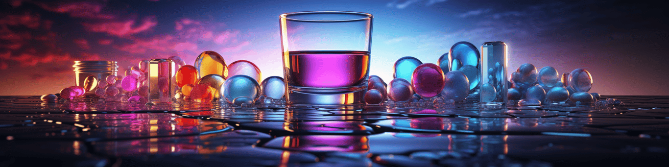 image of drug pills surrounding a glass of water symbolizing drug consumption