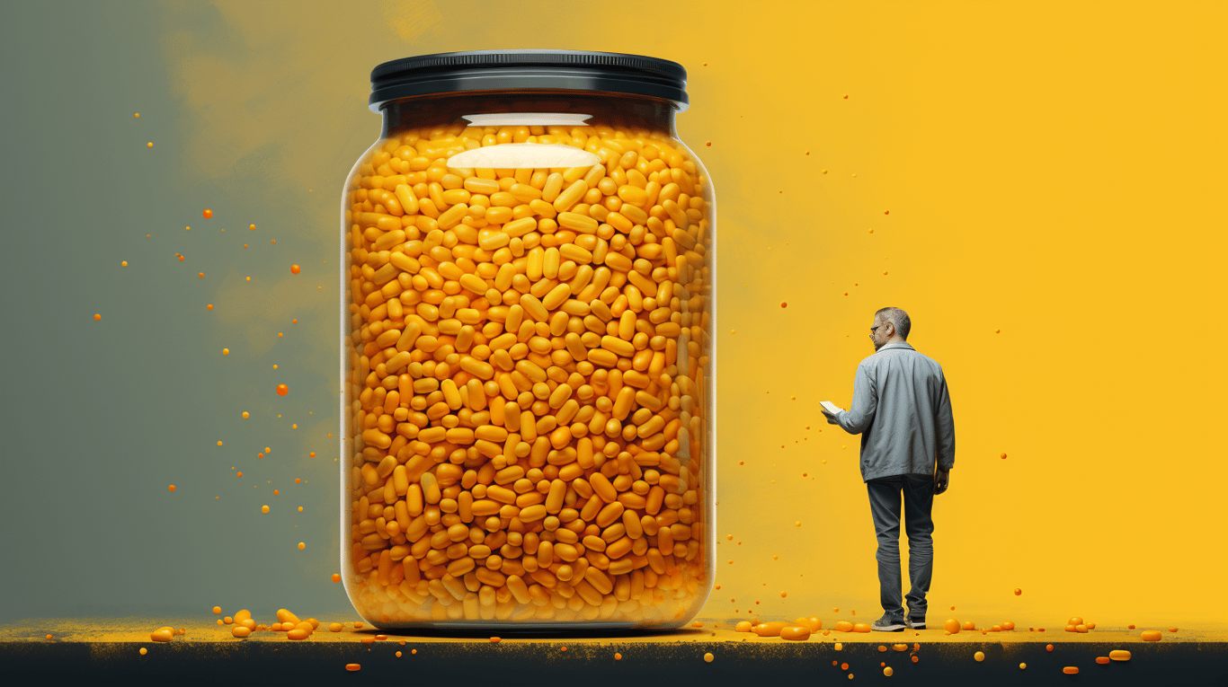 abstract image of a researcher studying a bottle of drug.