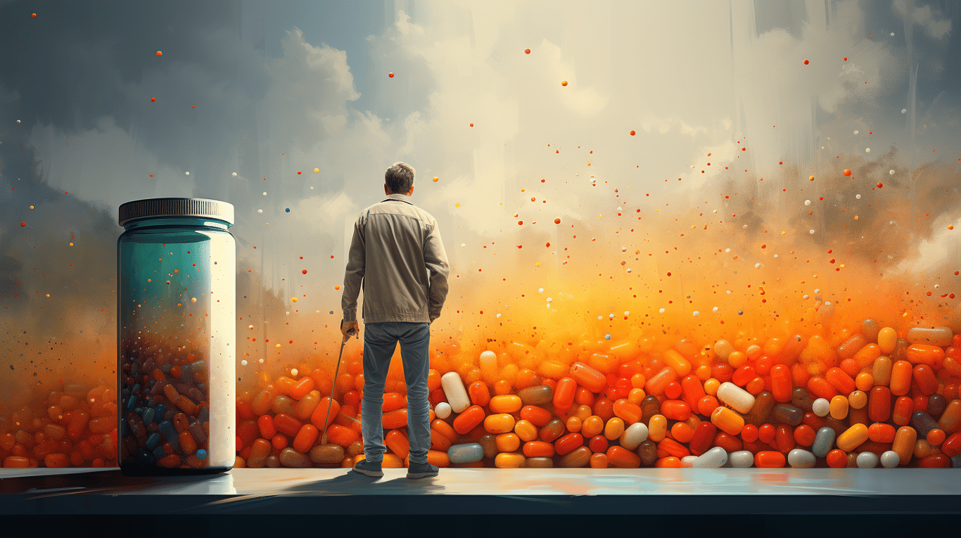 abstract image of a researcher studying a bottle of drug.