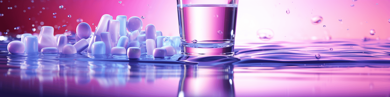 image of drug pills surrounding a glass of water symbolizing drug consumption