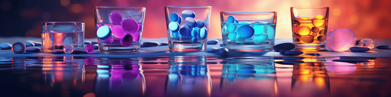image of drug pills surrounding a glass of water symbolizing drug consumption