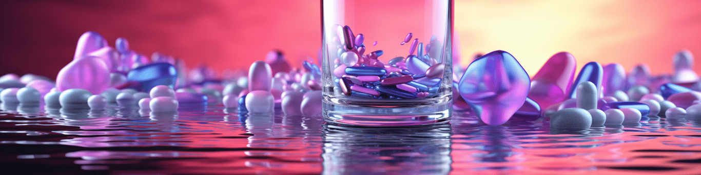 image of drug pills surrounding a glass of water symbolizing drug consumption