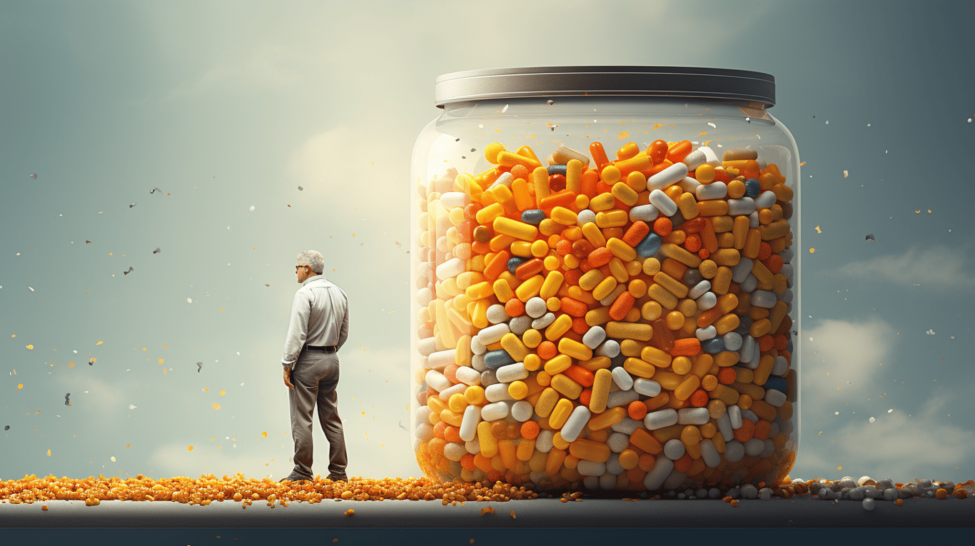 abstract image of a researcher studying a bottle of drug.