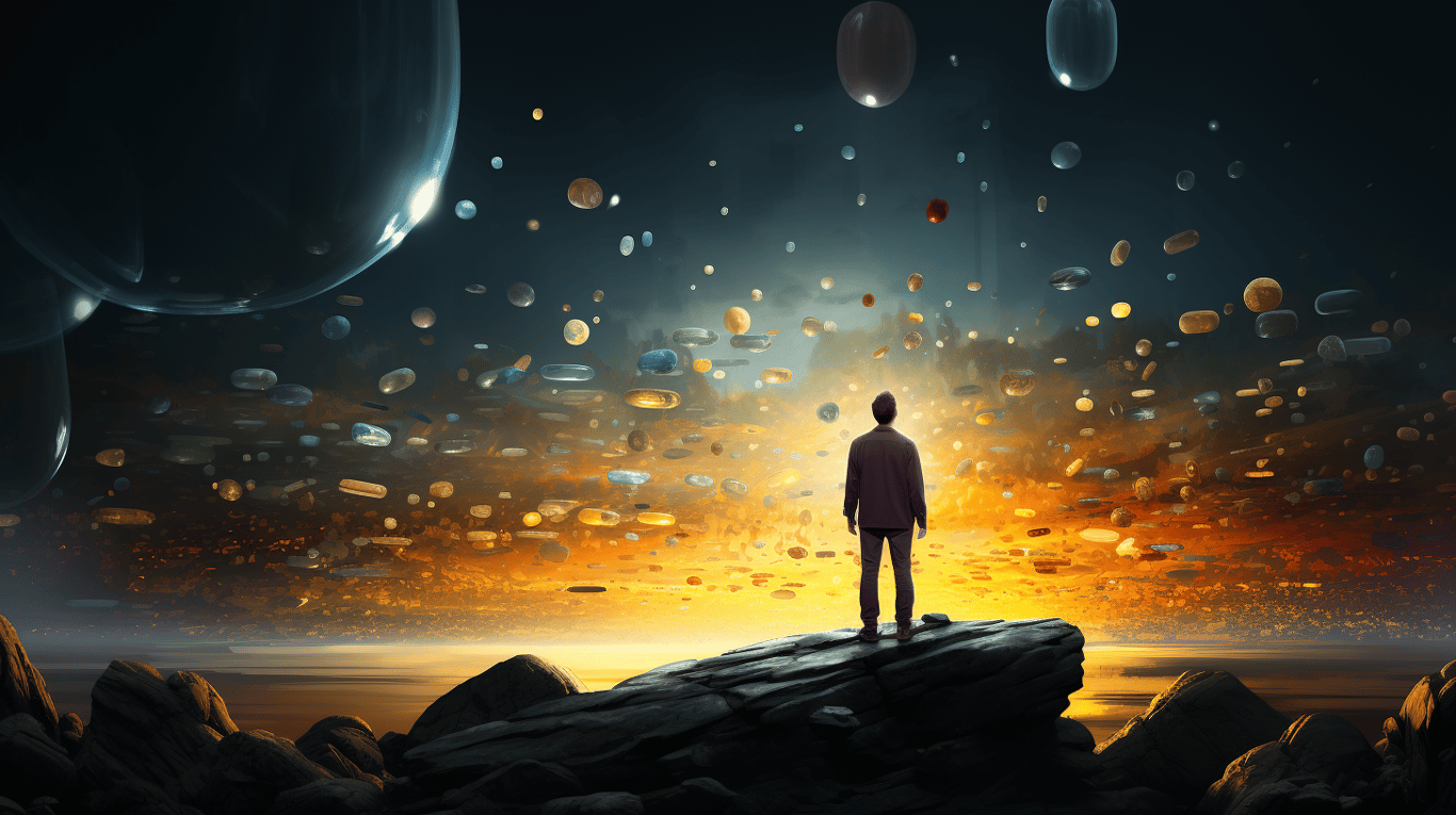 abstract image of a researcher studying a bottle of drug.