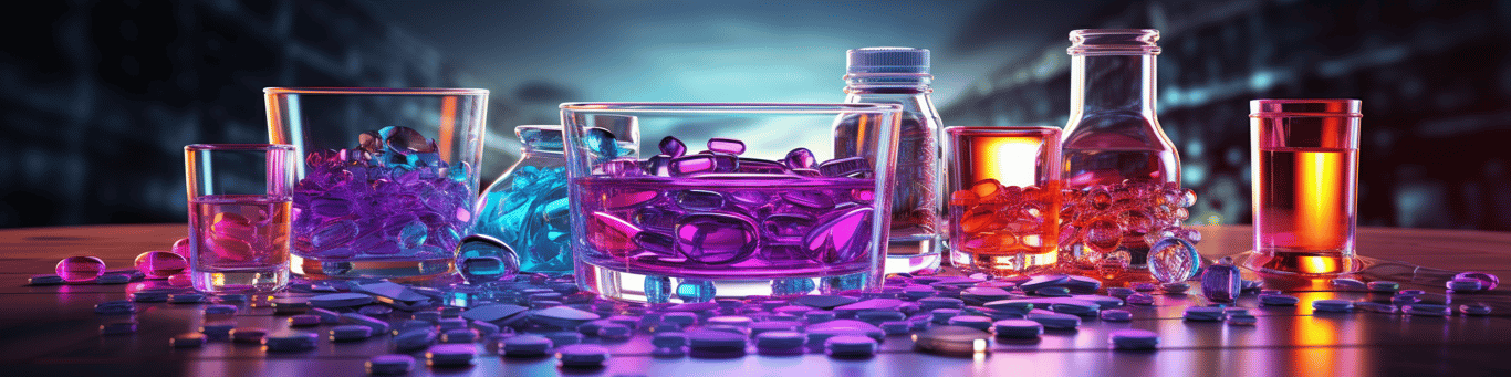 image of drug pills surrounding a glass of water symbolizing drug consumption