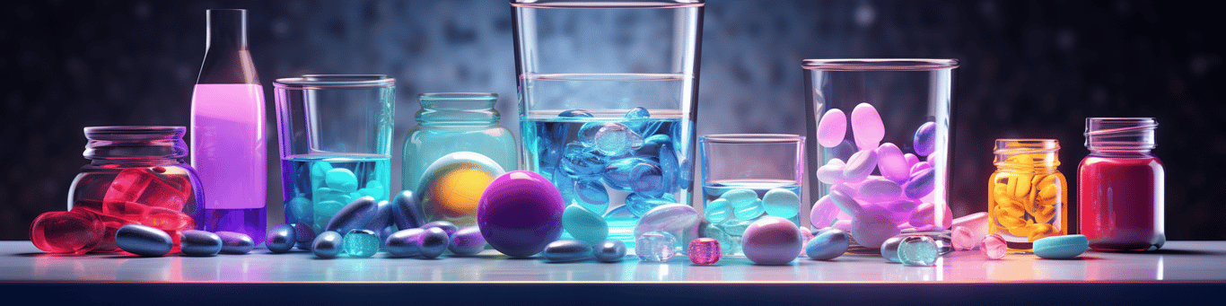 image of drug pills surrounding a glass of water symbolizing drug consumption