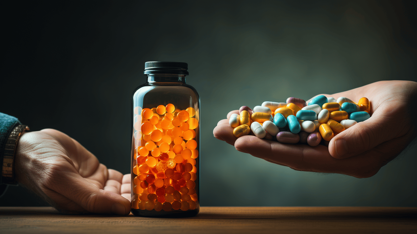 abstract image of a researcher studying a bottle of drug.