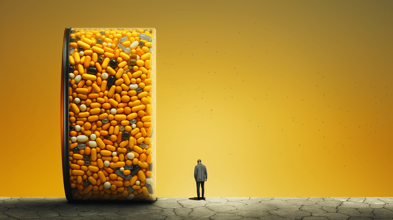 abstract image of a researcher studying a bottle of drug.