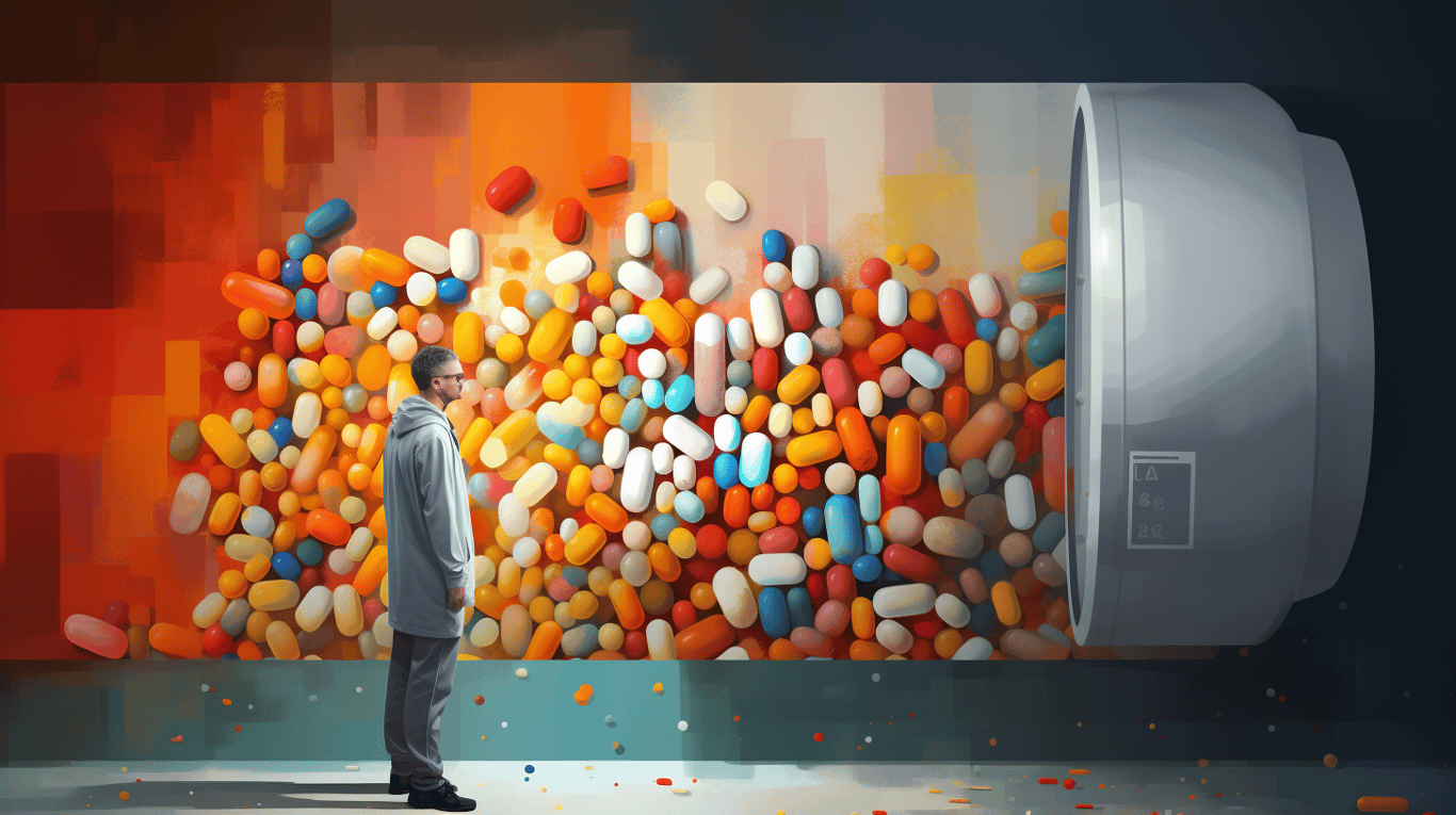 abstract image of a researcher studying a bottle of drug.