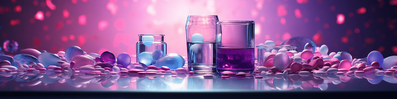 image of drug pills surrounding a glass of water symbolizing drug consumption