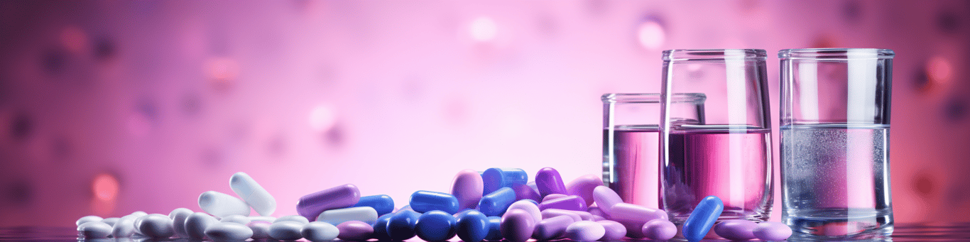 image of drug pills surrounding a glass of water symbolizing drug consumption