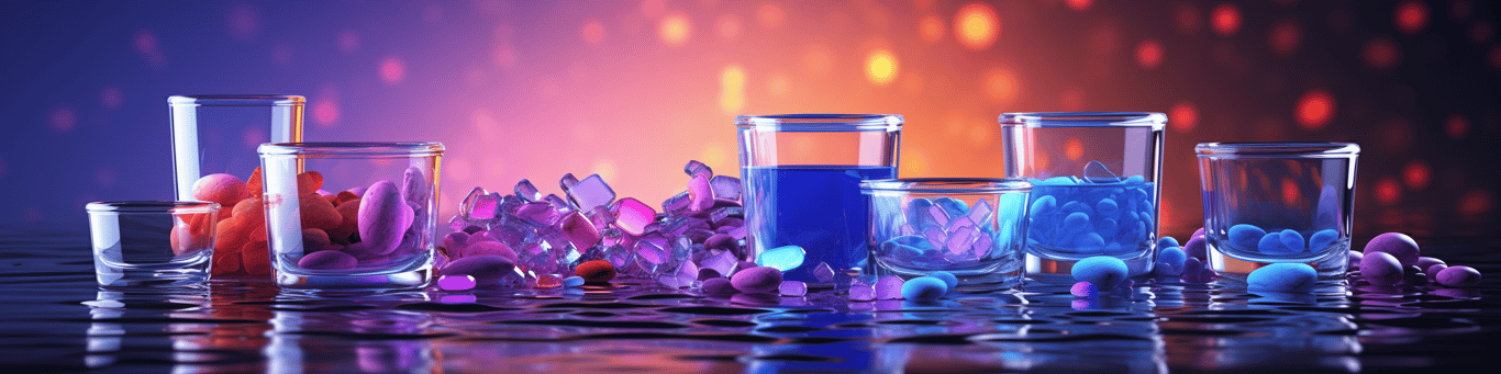 image of drug pills surrounding a glass of water symbolizing drug consumption
