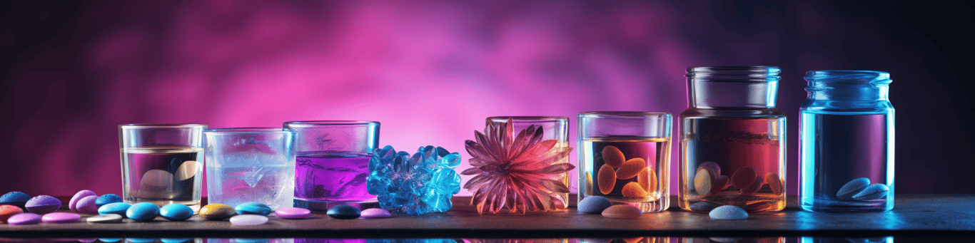image of drug pills surrounding a glass of water symbolizing drug consumption