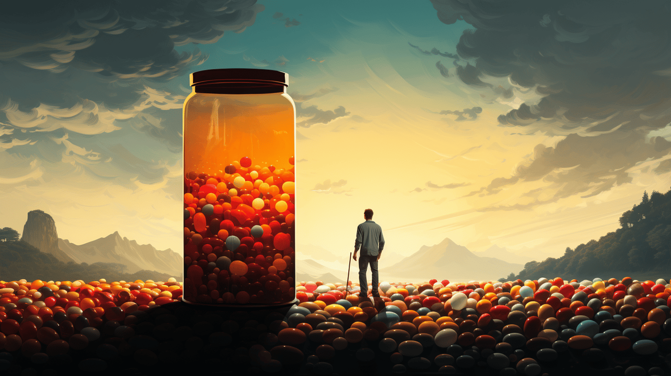 abstract image of a researcher studying a bottle of drug.