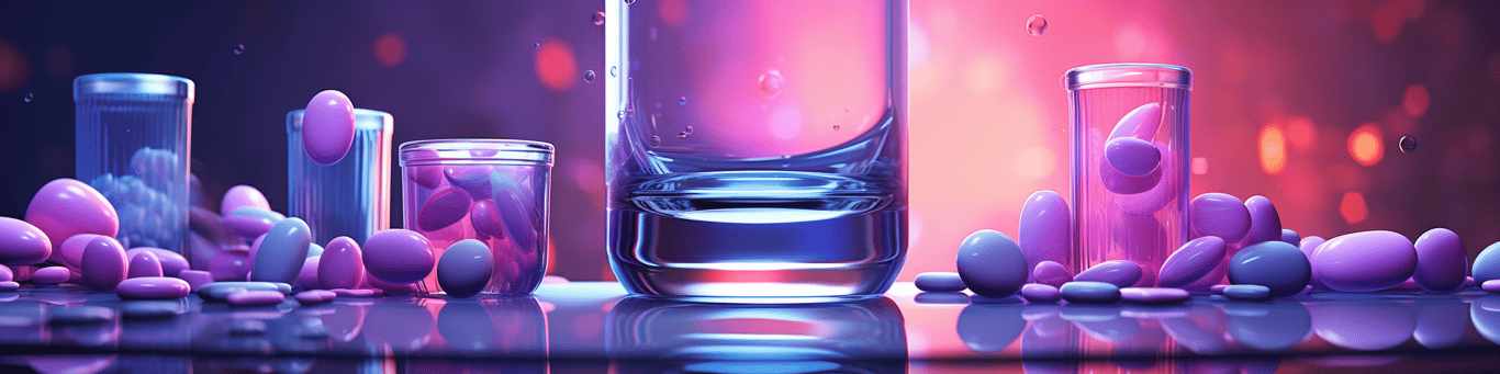 image of drug pills surrounding a glass of water symbolizing drug consumption