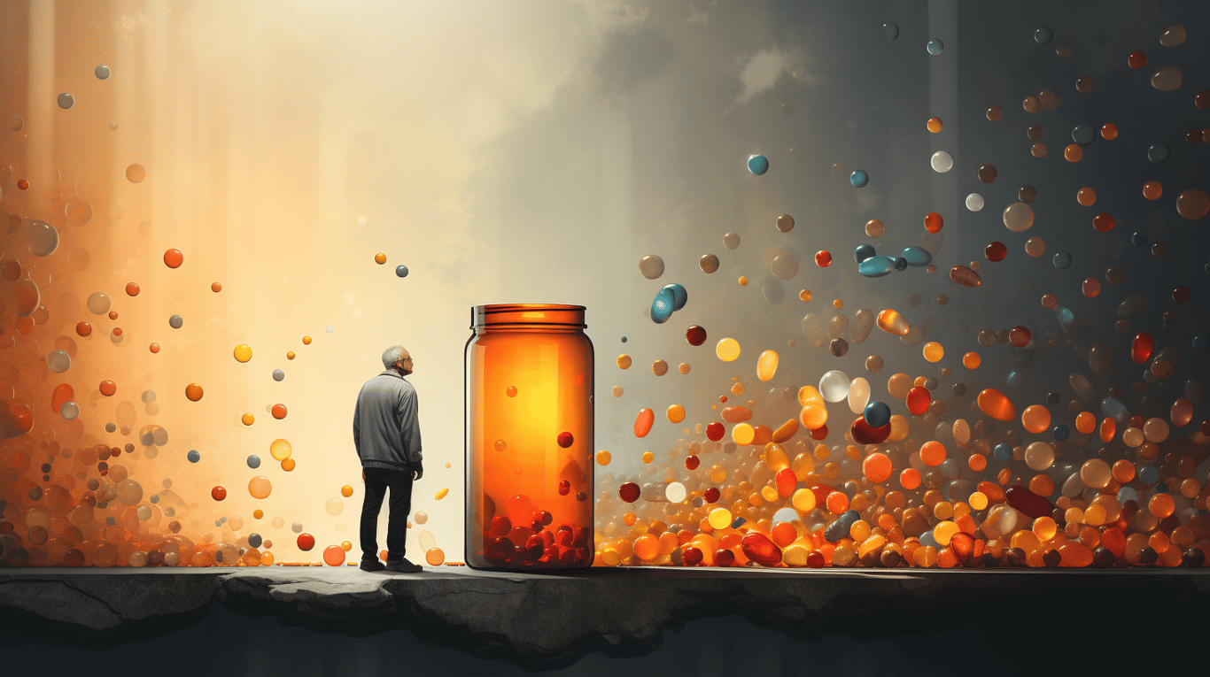 abstract image of a researcher studying a bottle of drug.