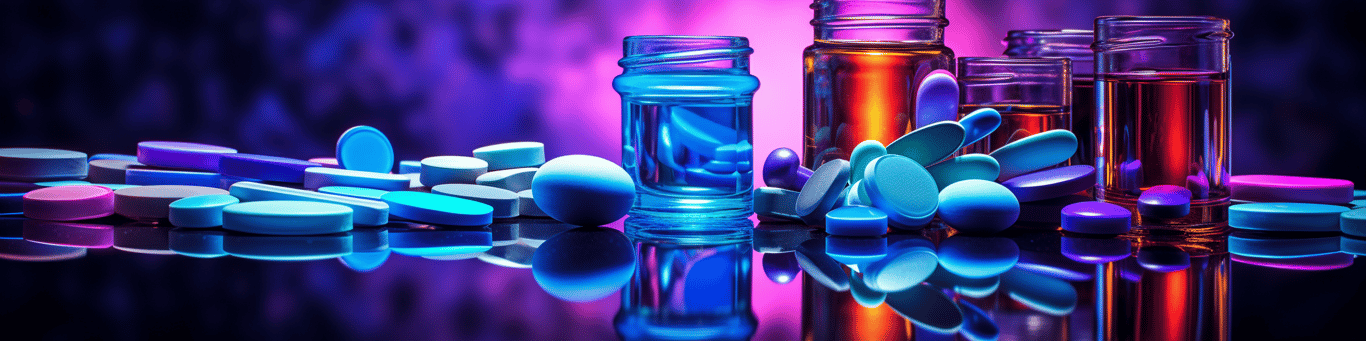image of drug pills surrounding a glass of water symbolizing drug consumption