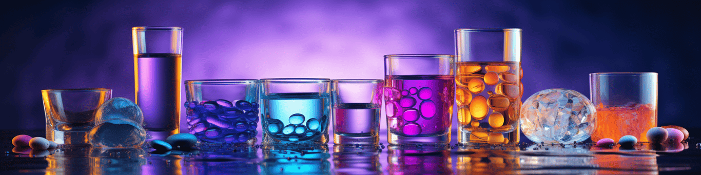 image of drug pills surrounding a glass of water symbolizing drug consumption