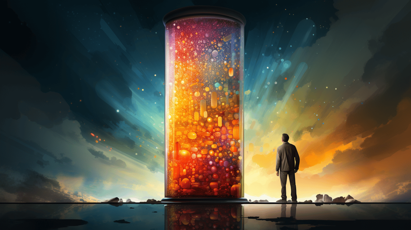 abstract image of a researcher studying a bottle of drug.