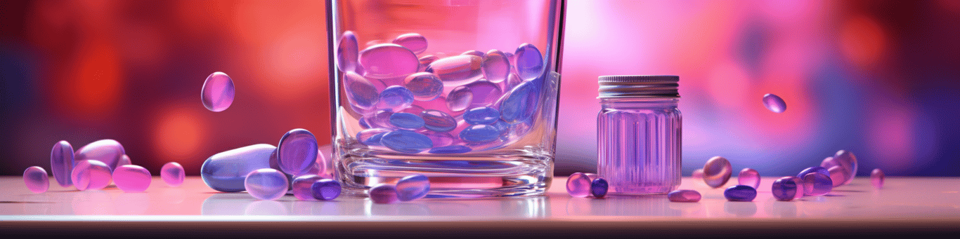 image of drug pills surrounding a glass of water symbolizing drug consumption