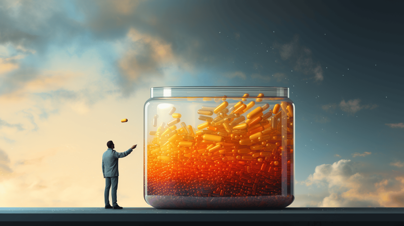 abstract image of a researcher studying a bottle of drug.