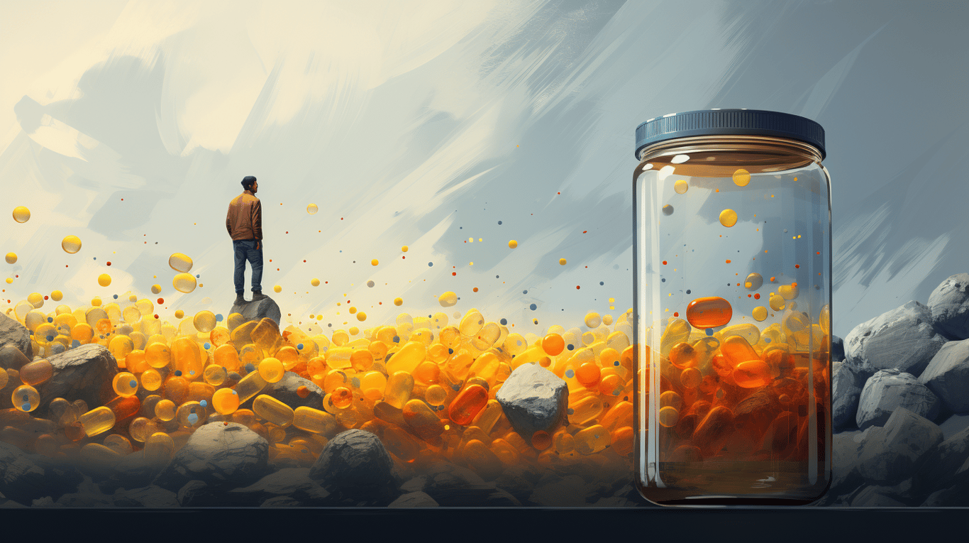 abstract image of a researcher studying a bottle of drug.