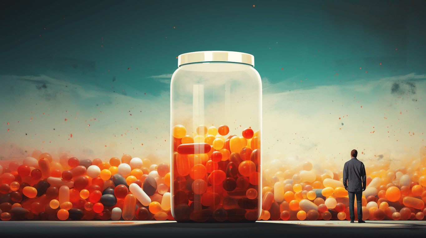 abstract image of a researcher studying a bottle of drug.