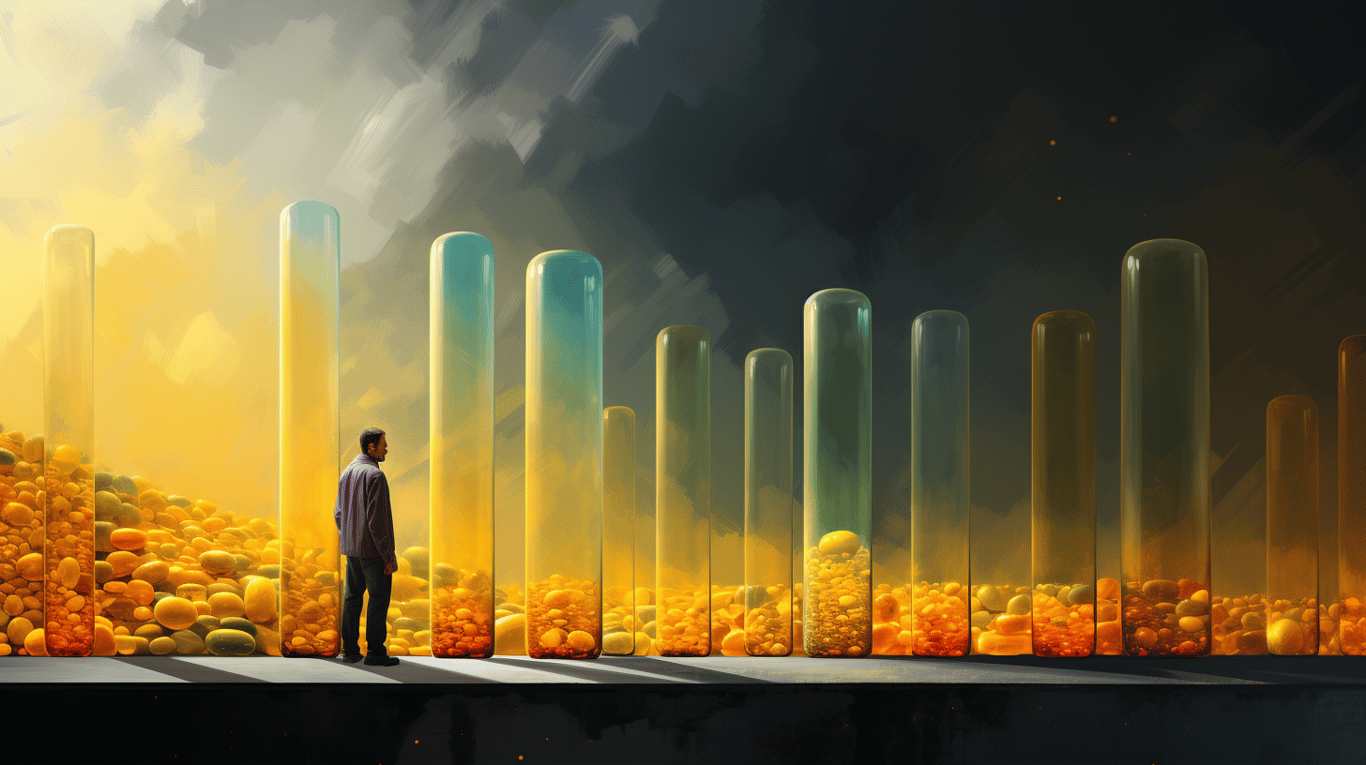 abstract image of a researcher studying a bottle of drug.