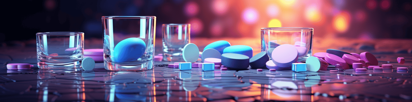 image of drug pills surrounding a glass of water symbolizing drug consumption