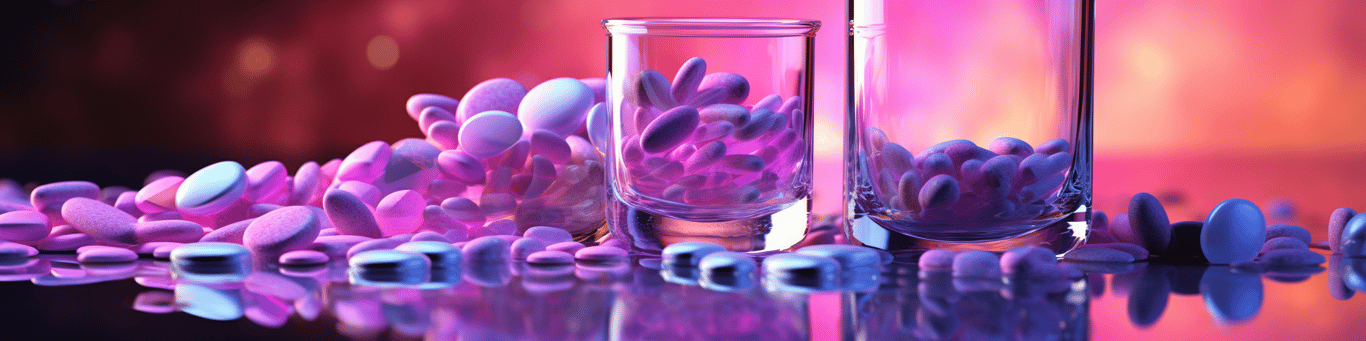 image of drug pills surrounding a glass of water symbolizing drug consumption