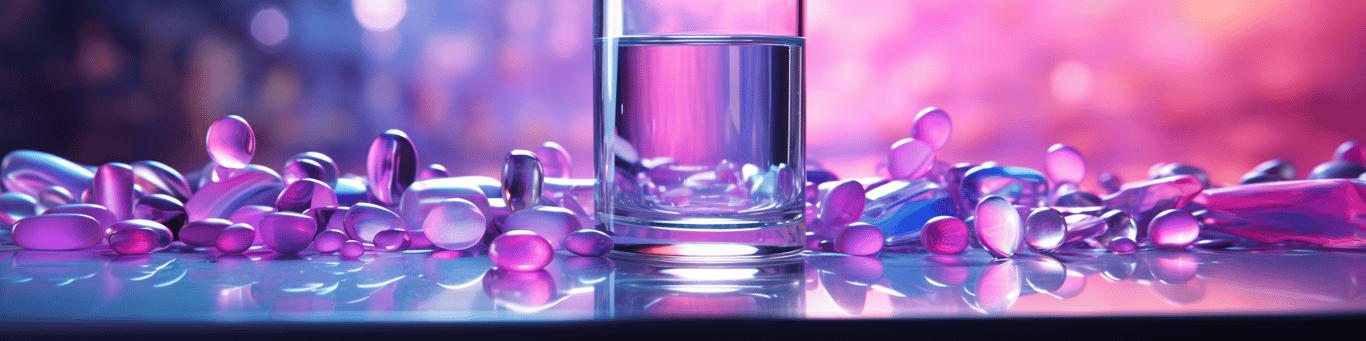 image of drug pills surrounding a glass of water symbolizing drug consumption