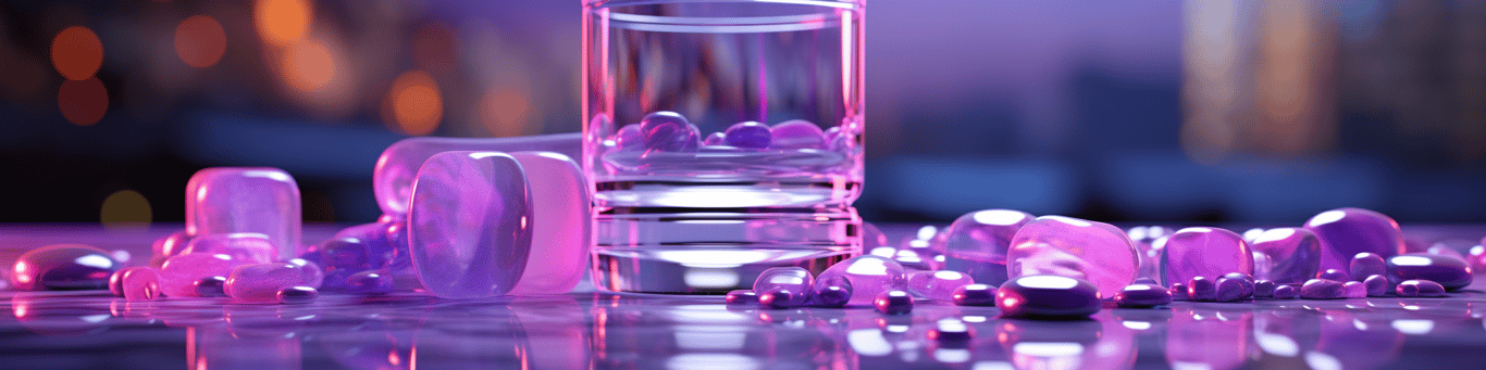 image of drug pills surrounding a glass of water symbolizing drug consumption