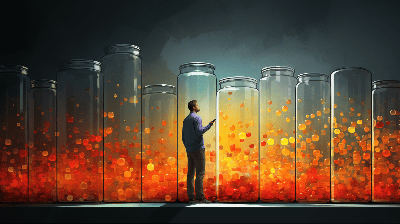 abstract image of a researcher studying a bottle of drug.