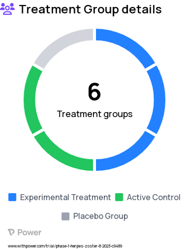 Shingles Research Study Groups: Experimental vaccine group, low dose, Intramuscular injection(IM), Control vaccine group, low dose, IM, Experimental vaccine group, high dose, IM, Control vaccine group, high dose, IM, Experimental vaccine group, Aerosol, Inhalation(IH), Saline group, Aerosol, IH