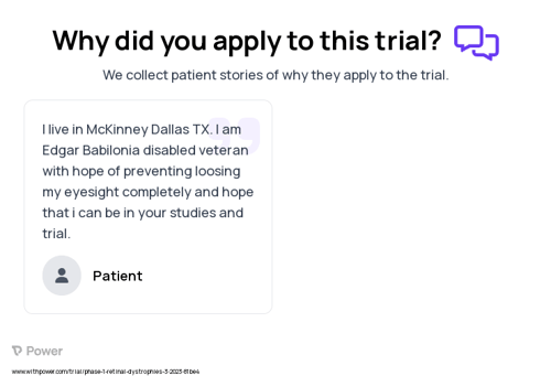Retinal Dystrophy Patient Testimony for trial: Trial Name: NCT05902962 — Phase 1