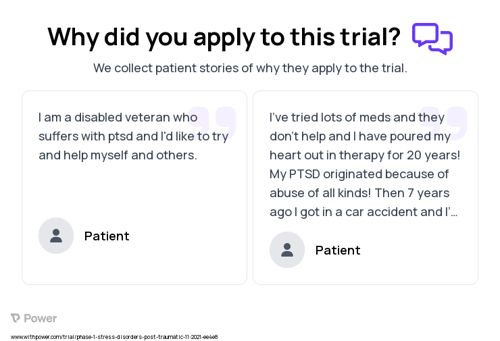 Post-Traumatic Stress Disorder Patient Testimony for trial: Trial Name: NCT03752918 — Phase 1