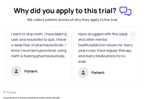 Amphetamine Use Disorder Patient Testimony for trial: Trial Name: NCT04982796 — Phase 1 & 2