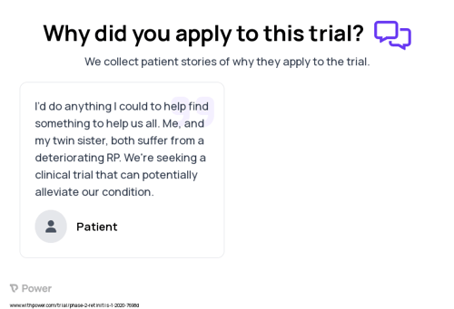 Retinitis Pigmentosa Patient Testimony for trial: Trial Name: NCT04278131 — Phase 1 & 2